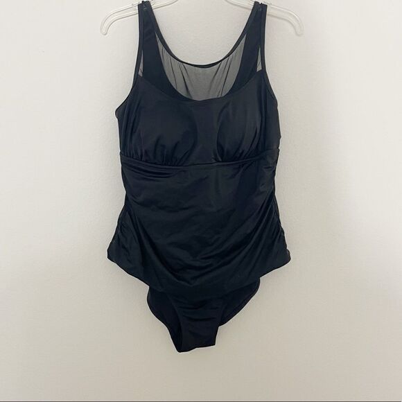 Always For Me Black One Piece Swimsuit Sheer Neckline Size 16 - Picture 1 of 6